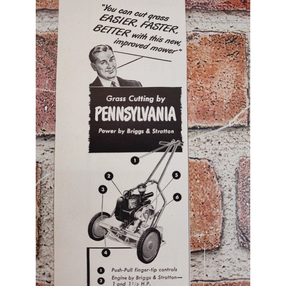 1950 Brigg Stratton Pennsylvania Grass Cutting Lawn Mower Happy Man Vtg Print Ad